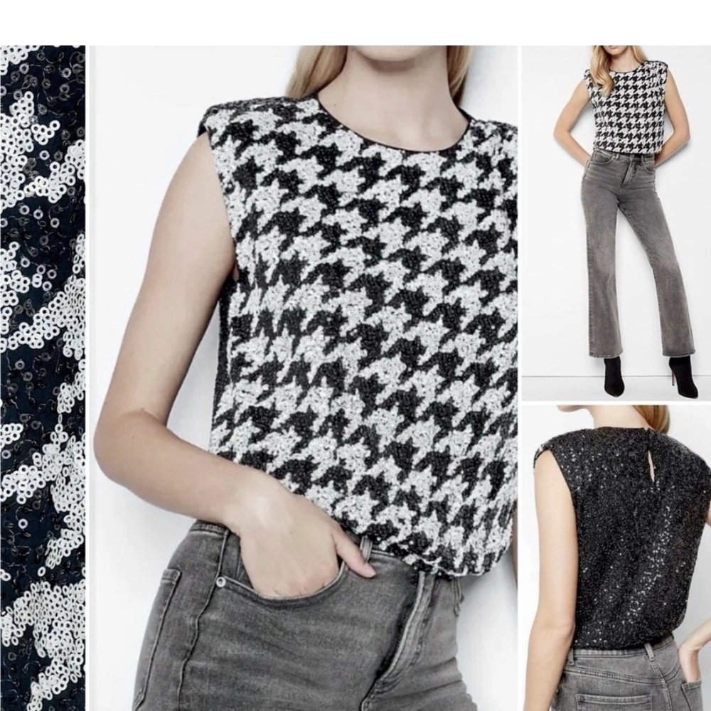 *BIG SALE* NWOT Express Black and White Sequin Houndstooth Blouse